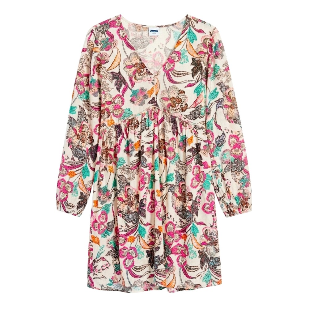 Old Navy‎ Womens Floral V-Neck Swing Dress White Pink Long Sleeve Mini M